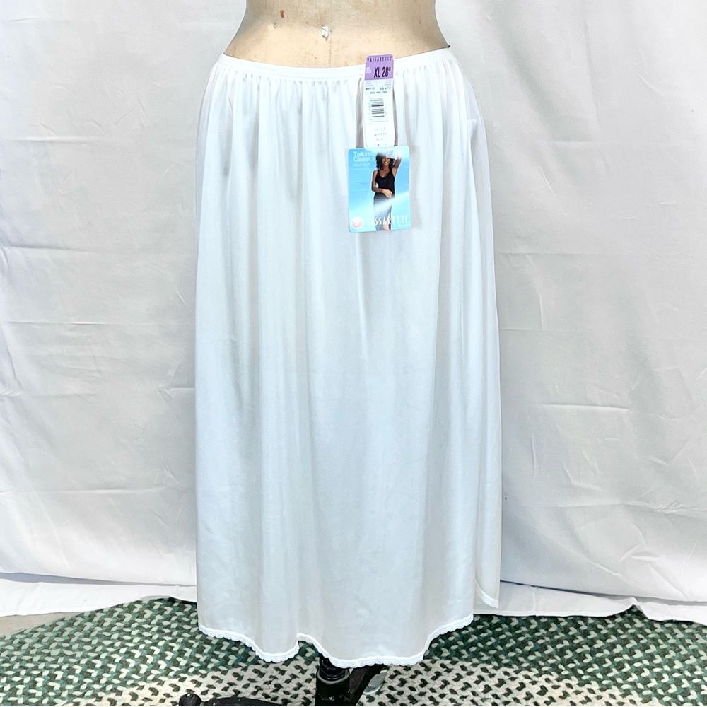 VINTAGE Vassarette white silky half dress slip elastic waist lace trim side slit - Picture 4 of 14